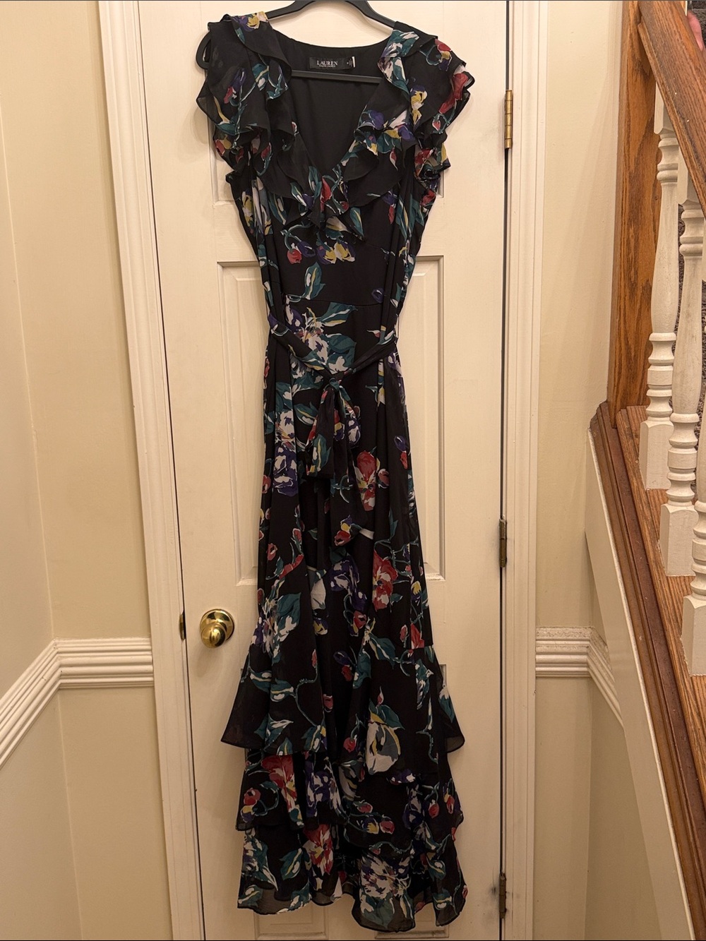 Lauren Ralph Lauren Floral Ruffle Maxi Dress Black Multicolor Size 14